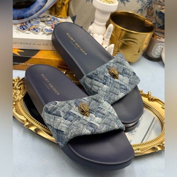 🆕 KURT GEIGER LONDON 🧿 NWOB Blue Denim Meena Eagle Slides, Sz EU 40.5 US 9.5 - Picture 8 of 14